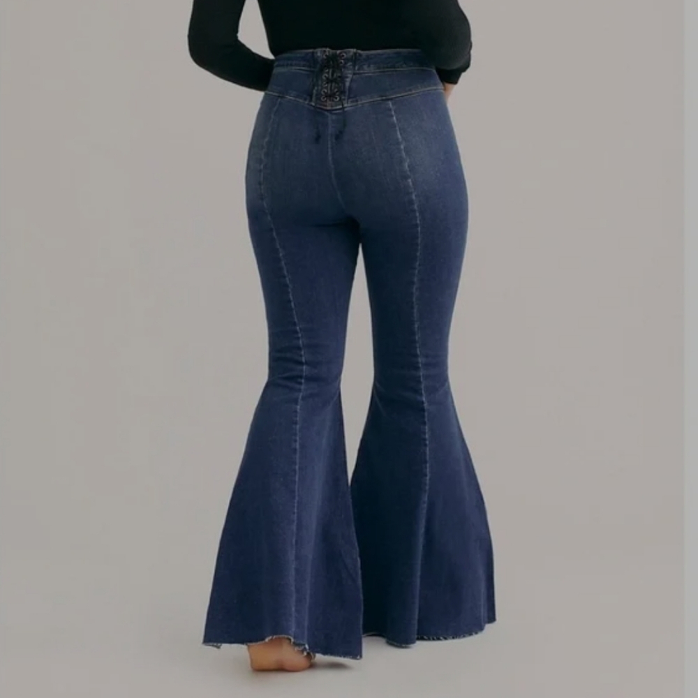 Free People Black corset laced up waist curvy high rise wide leg jeans